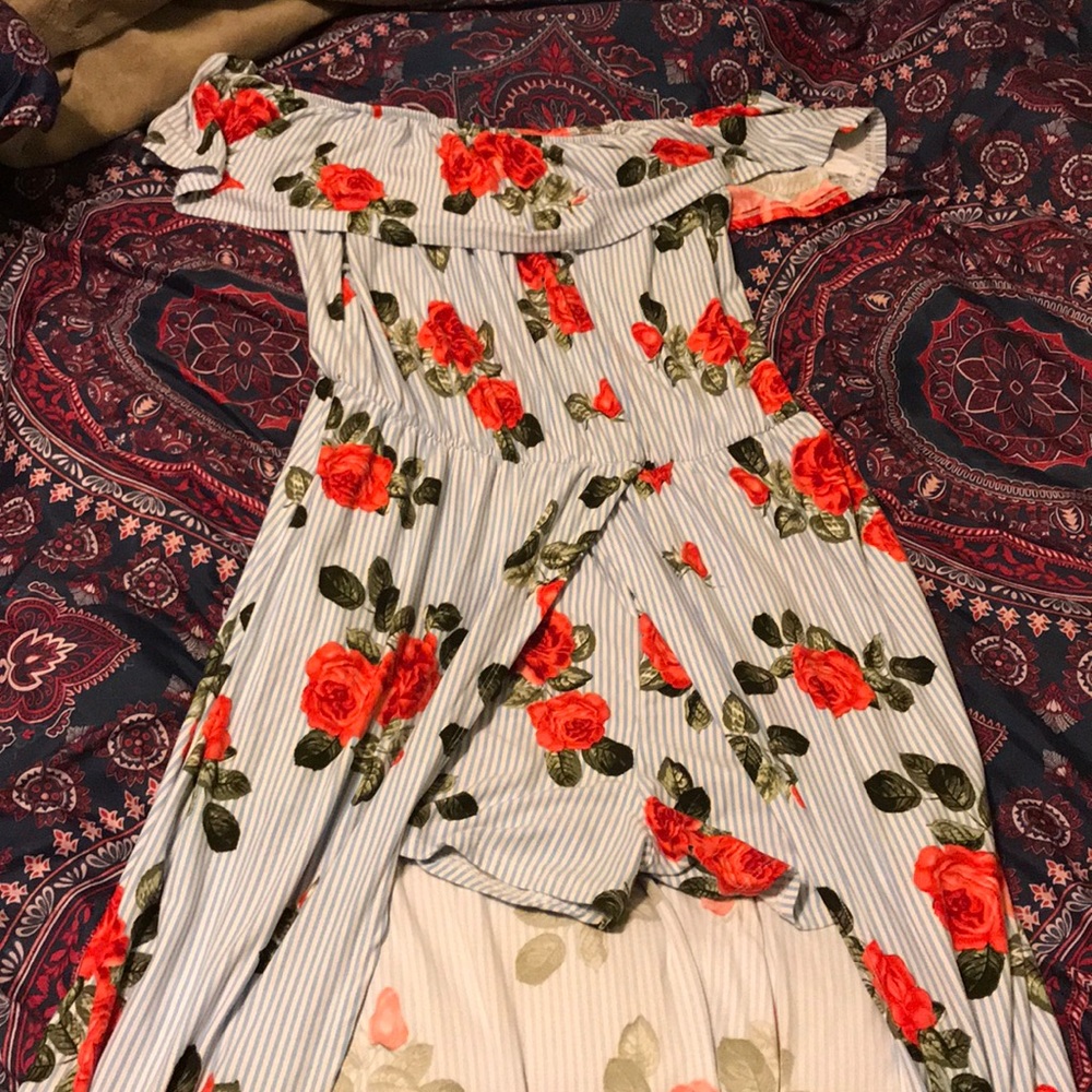 floral off the shoulder romper with train